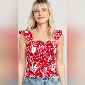 Old Navy Fitted Ruffle Sleeve Floral Smocked Red and White Summer Blouse Top sz